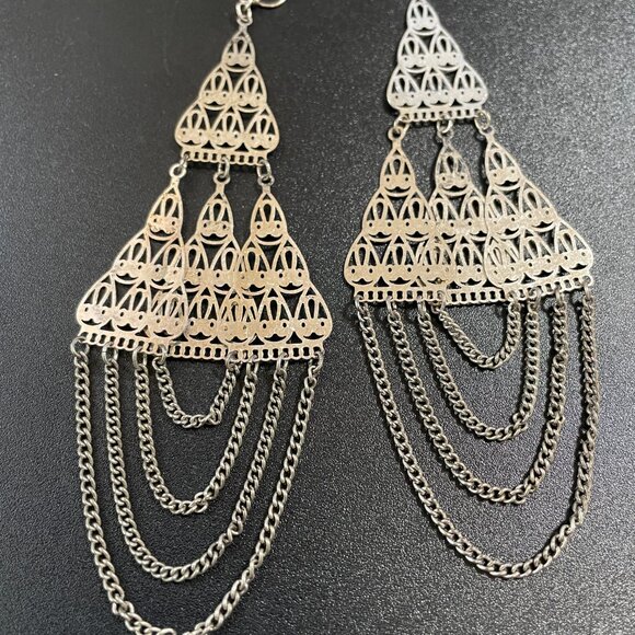 Silver Metal Chandelier Earrings with Draping Chains for Pierced Ears - Picture 2 of 4